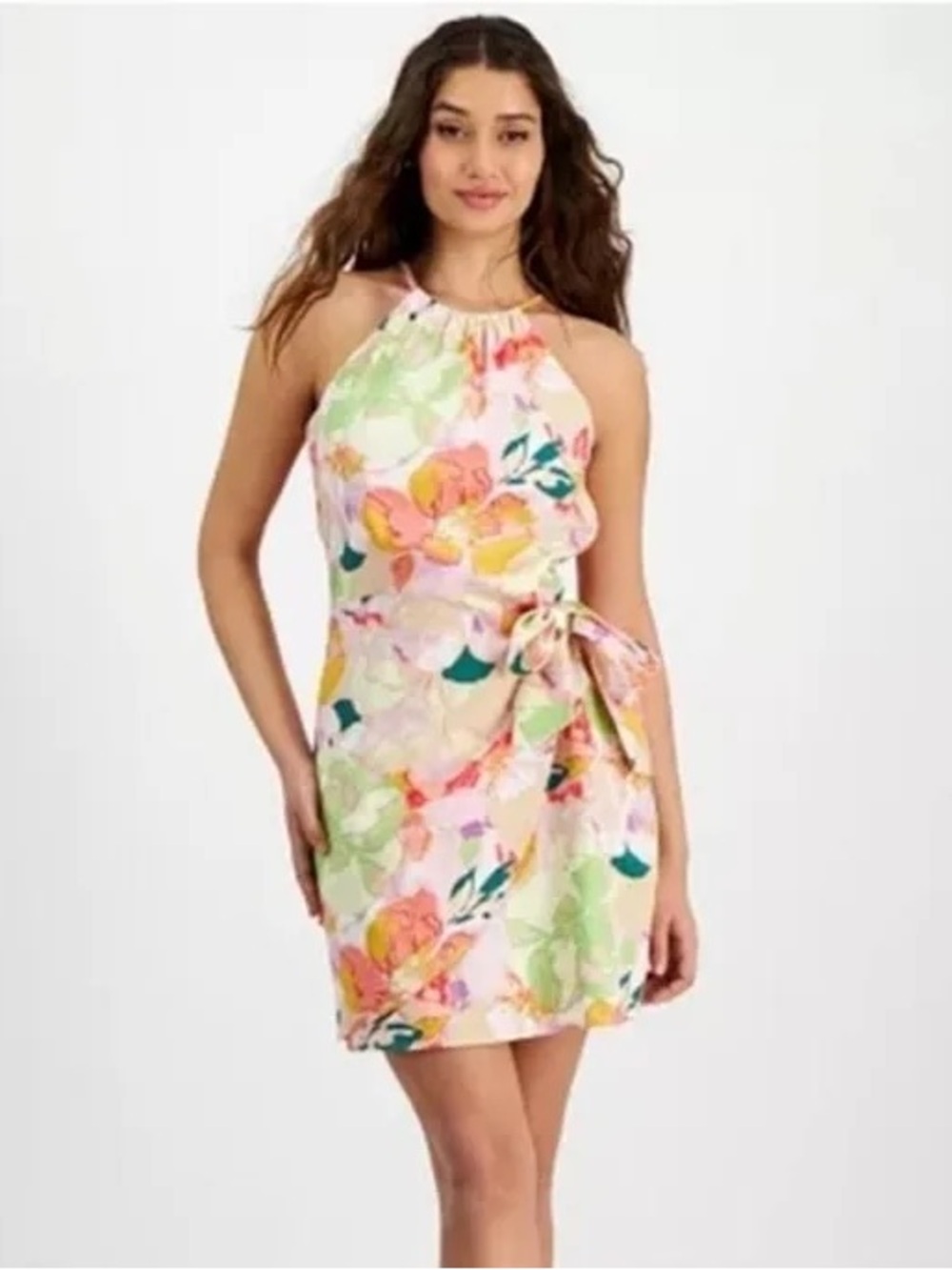 Bar lll Floral Halter Tie-Waist Summer Linen Dress - Pink Multi Size Small